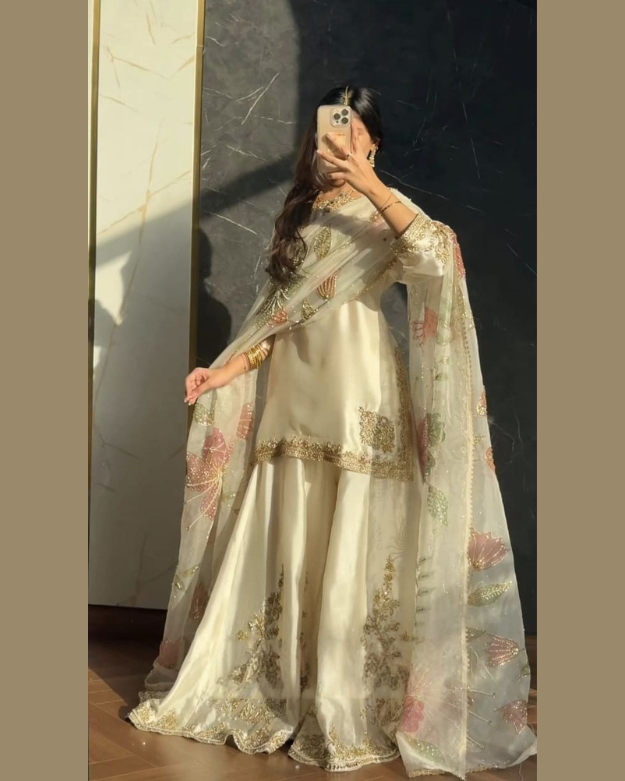 Untitled design (12) Elegant Ivory Embroidered 3-Piece Pakistani Sharara Suit with Organza Dupatta - Image 1