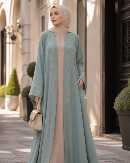 Sage Green Embroidered Open Abaya with Inner Dress