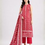 Premium Women's Khaddi 3 Piece Printed Suit, Crimson Red & White