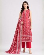 Premium Women's Khaddi 3 Piece Printed Suit, Crimson Red & White