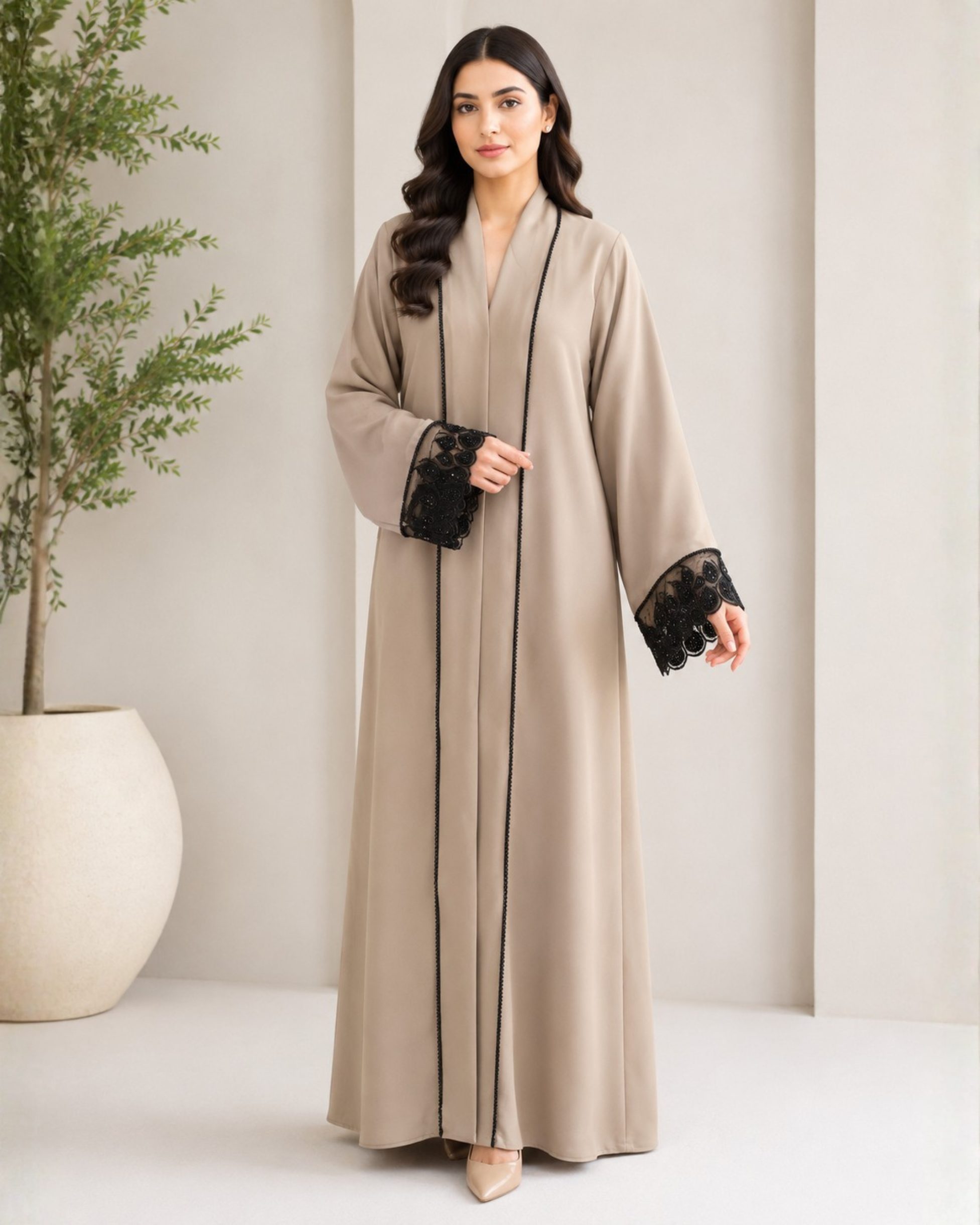 102 Premium Beige Open Front Abaya with Black Lace Cuffs for Women - Image 1