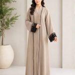 Premium Beige Open Front Abaya with Black Lace Cuffs for Women