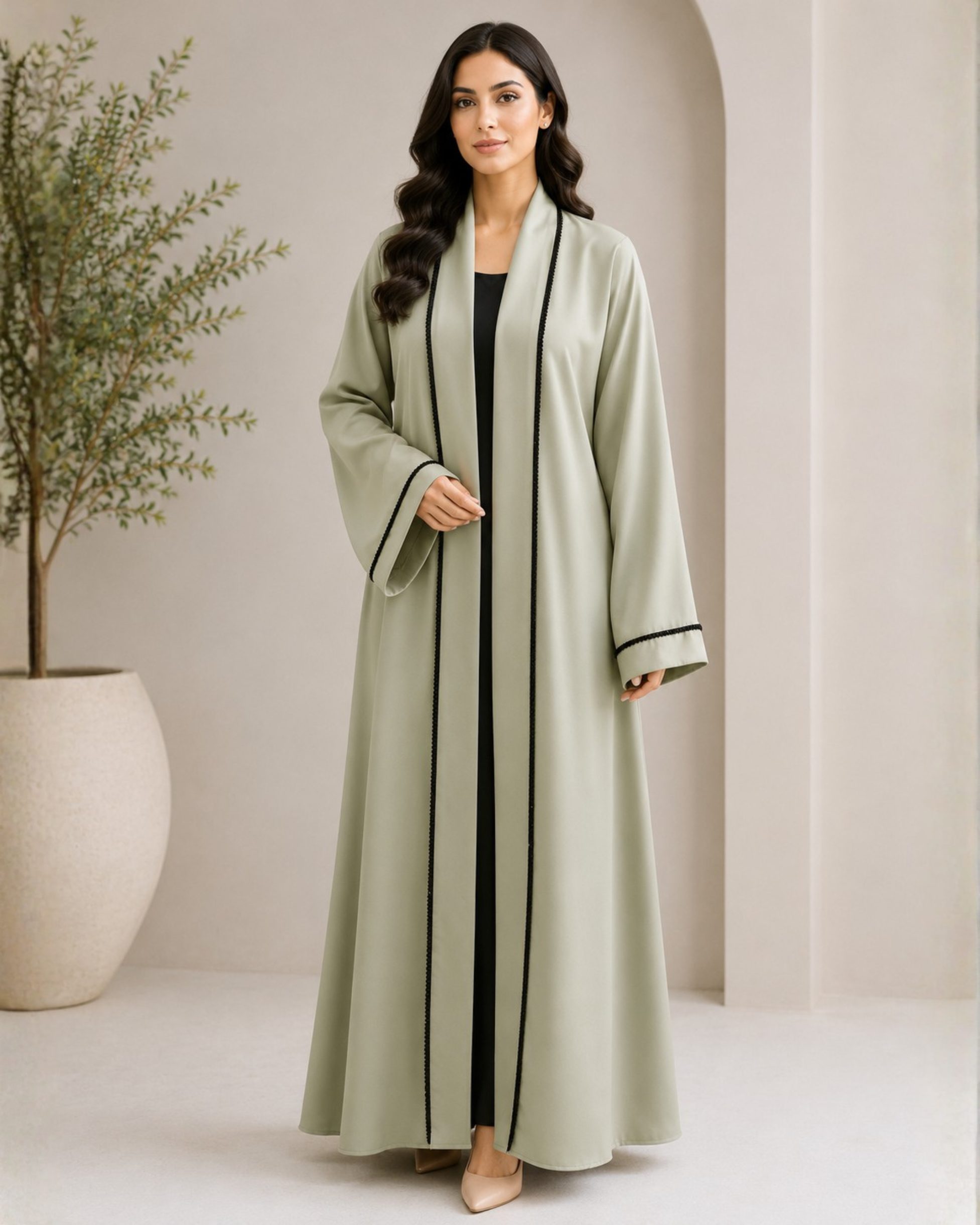 103 Premium Sage Green Open Front Abaya for Women, Elegant Modest Wear - Image 1