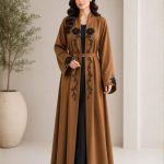 Premium Brown Open Front Abaya with Floral Embroidery & Belt for Women