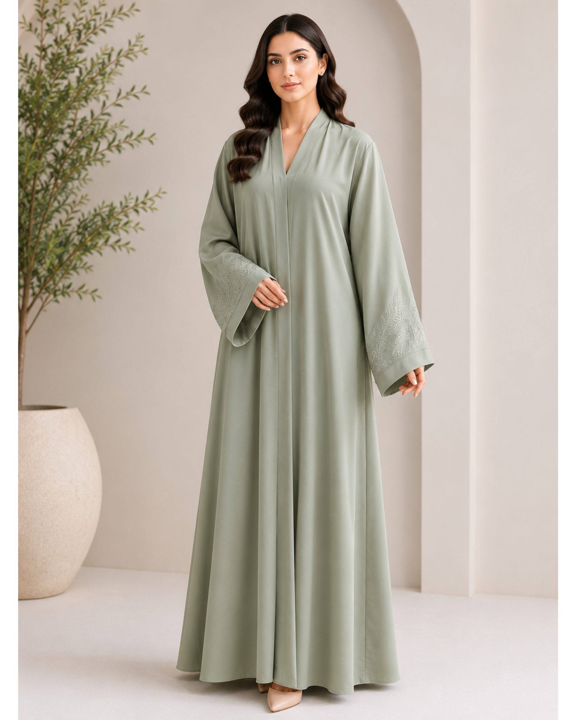106 Premium Sage Green Embroidered Sleeve Abaya for Women, Elegant Modest Wear - Image 1