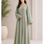 Premium Sage Green Embroidered Sleeve Abaya for Women, Elegant Modest Wear