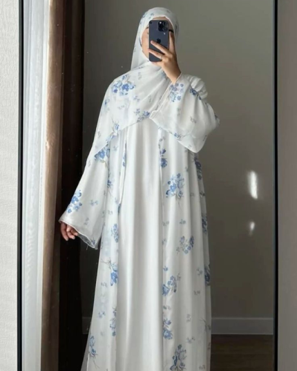 White Floral Prayer Abaya with Matching Hijab