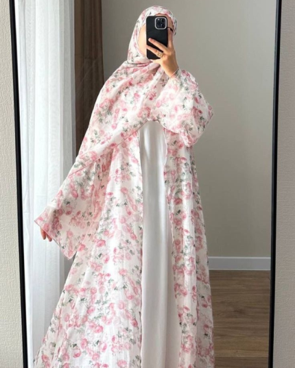 White & Pink Floral Prayer Abaya with Matching Hijab