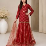 Girls Shefoon Embroidered Party Wear Suit with Banarsi Plazo – Red
