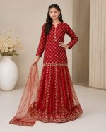 Girls Shefoon Embroidered Party Wear Suit with Banarsi Plazo – Red