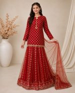 Girls Shefoon Embroidered Party Wear Suit with Banarsi Plazo – Red - Image 2