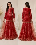 Girls Shefoon Embroidered Party Wear Suit with Banarsi Plazo – Red - Image 3