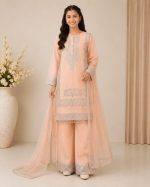 Girls Shefoon Embroidered Kurta Plazo Suit – Peach