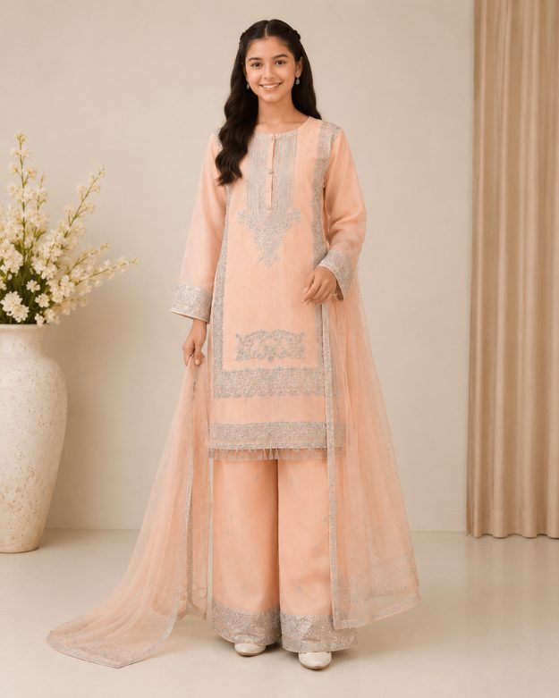 134 Girls Shefoon Embroidered Kurta Plazo Suit – Peach - Image 1