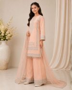 Girls Shefoon Embroidered Kurta Plazo Suit – Peach - Image 2
