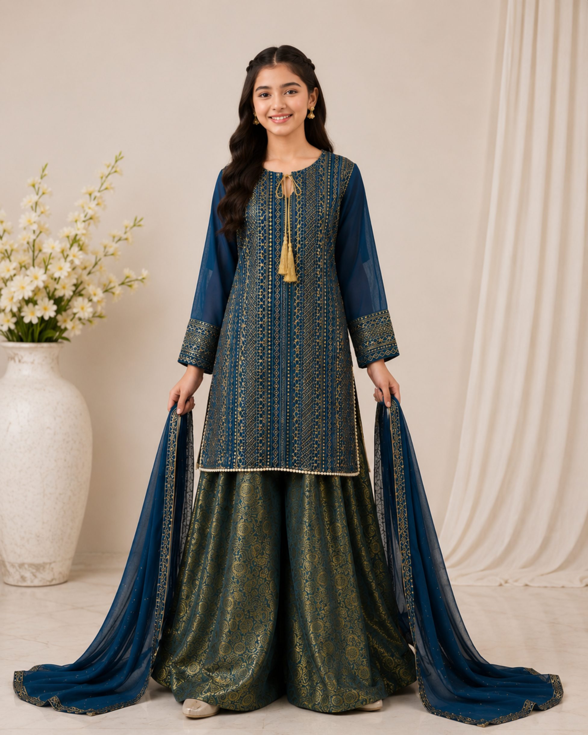 137 Girls Shefoon Embroidered Shirt with Banarsi Plazo – Navy Blue - Image 1