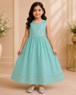 Girls Embroidered Party Wear Frock - Image 5