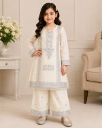 Girls Embroidered Kurta Plazo Suit – Ivory White