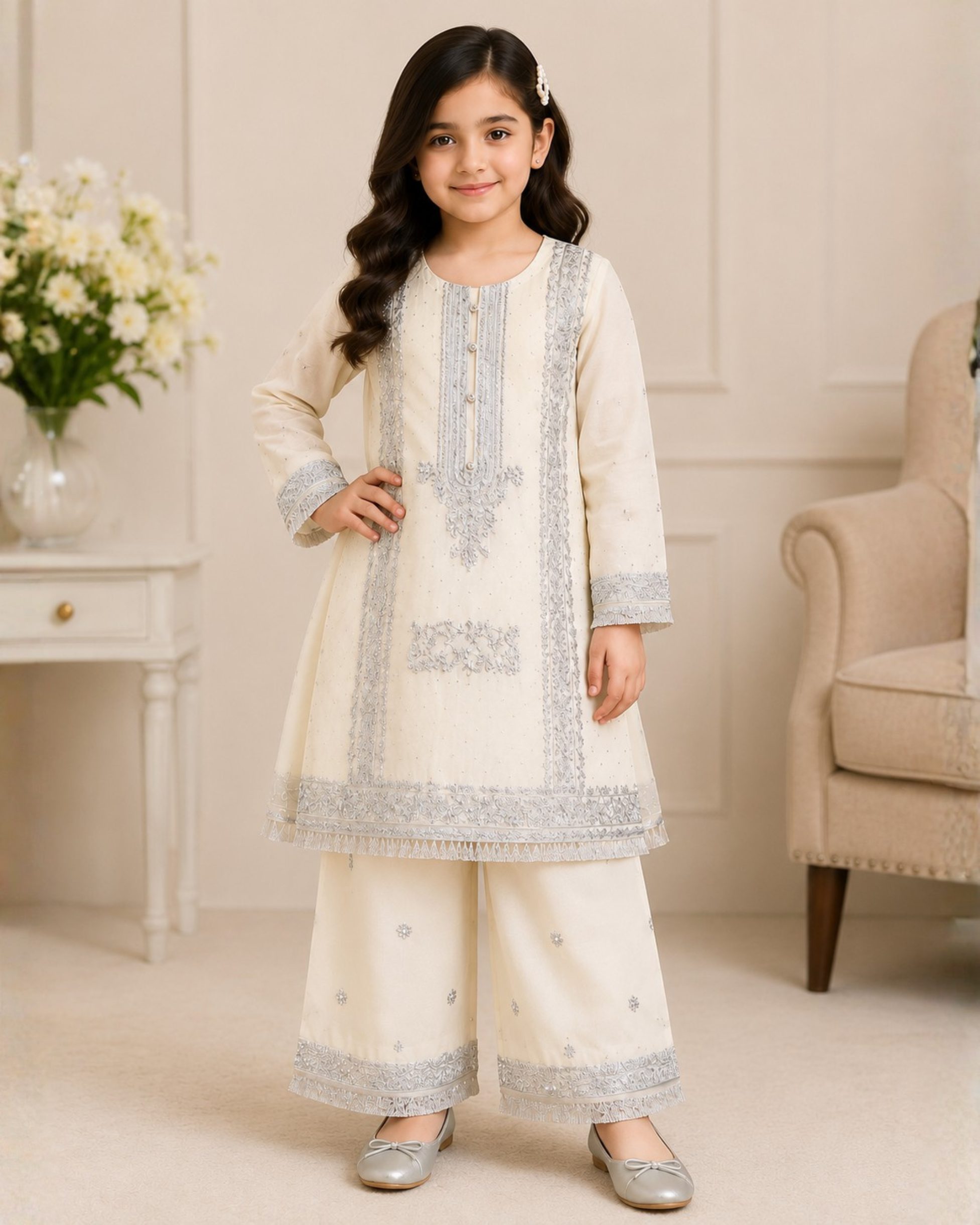 158 Girls Embroidered Kurta Plazo Suit – Ivory White - Image 1