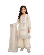 Girls Embroidered Kurta Plazo Suit – Ivory White - Image 3