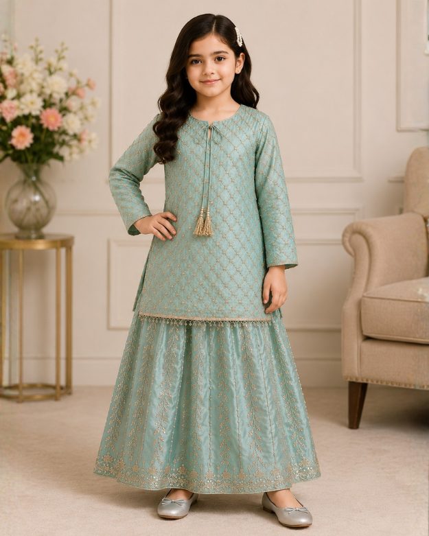 161 Girls Embroidered Kurta Sharara Suit - Image 1