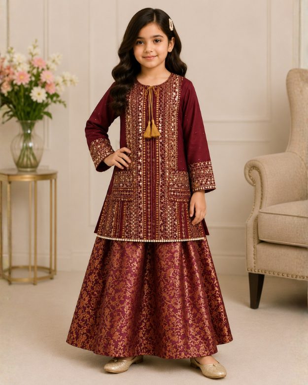 164 Girls Embroidered Kurta Sharara Suit - Image 1