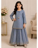 Girls Embroidered Kurta Sharara Suit - Image 4