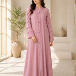 Elegant Dusty Pink Front-Open Abaya with Studded & Layered Sleeve Detail