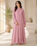 Elegant Dusty Pink Front-Open Abaya with Studded & Layered Sleeve Detail