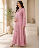 Elegant Dusty Pink Front-Open Abaya with Studded & Layered Sleeve Detail - Image 2