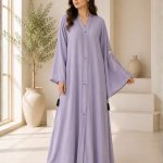 Graceful Lavender Embroidered Kaftan Abaya with Bell Sleeves & Tassel Accent