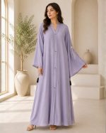 Graceful Lavender Embroidered Kaftan Abaya with Bell Sleeves & Tassel Accent