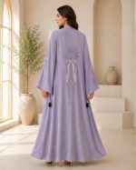 Graceful Lavender Embroidered Kaftan Abaya with Bell Sleeves & Tassel Accent - Image 2