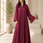 Luxurious Deep Plum Textured Jacquard Abaya with Wide Sleeves