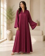 Luxurious Deep Plum Textured Jacquard Abaya with Wide Sleeves