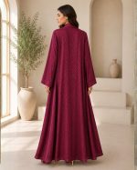 Luxurious Deep Plum Textured Jacquard Abaya with Wide Sleeves - Image 2
