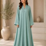 Refreshingly Elegant Mint Green Textured Front-Open Abaya with Wide Sleeves