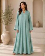 Refreshingly Elegant Mint Green Textured Front-Open Abaya with Wide Sleeves