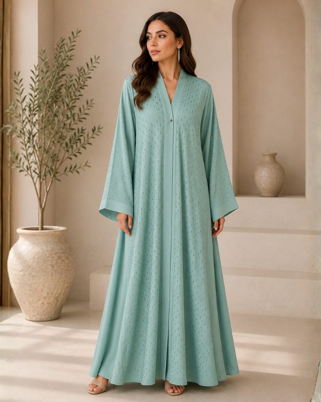 213 Refreshingly Elegant Mint Green Textured Front-Open Abaya with Wide Sleeves - Image 1