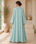 Refreshingly Elegant Mint Green Textured Front-Open Abaya with Wide Sleeves - Image 2