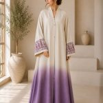 Exquisite Beige & Purple Ombre Front-Open Abaya with Paisley Embroidered Sleeves