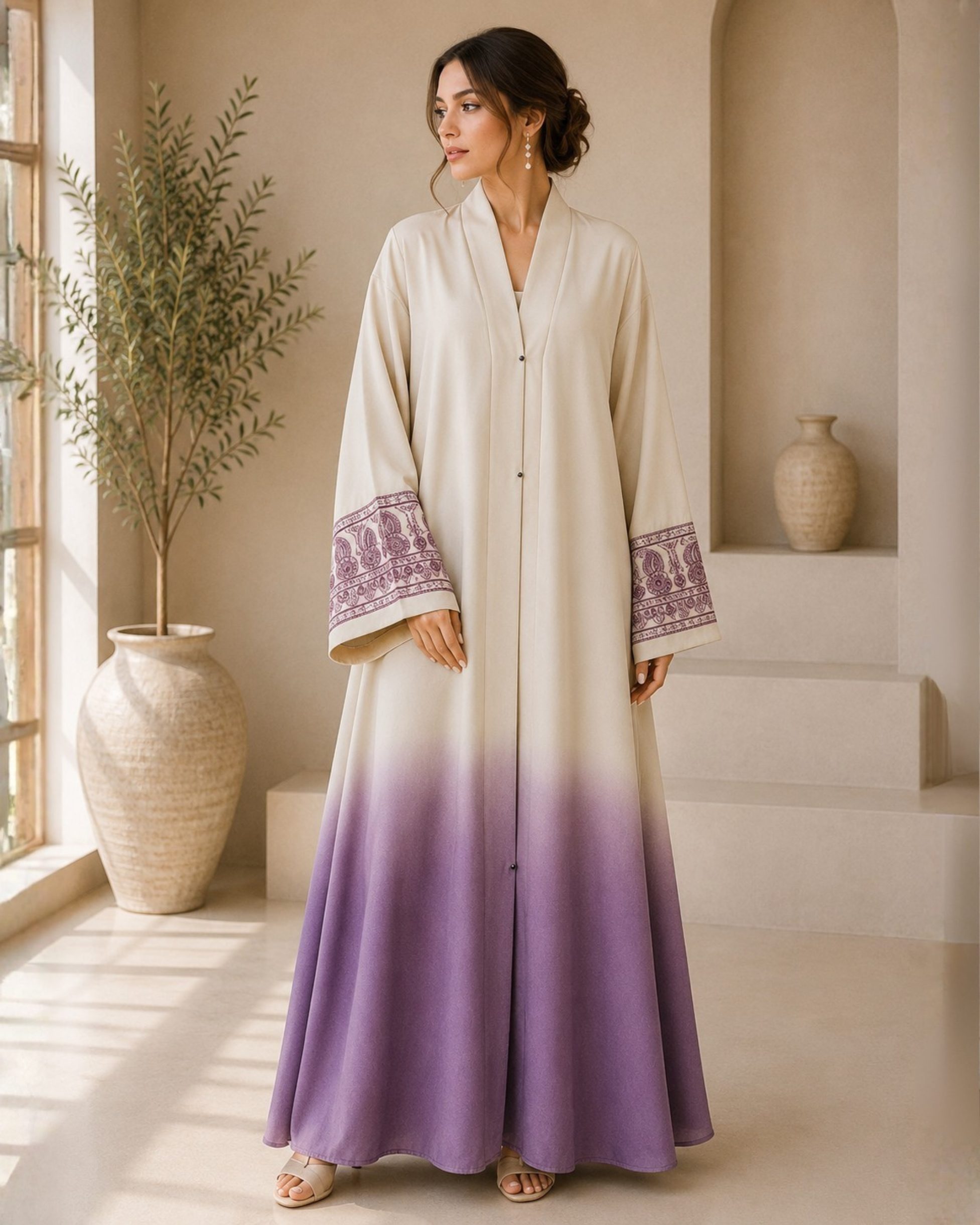 215 Exquisite Beige & Purple Ombre Front-Open Abaya with Paisley Embroidered Sleeves - Image 1