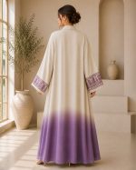 Exquisite Beige & Purple Ombre Front-Open Abaya with Paisley Embroidered Sleeves - Image 2