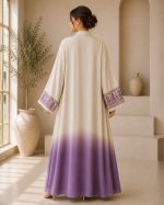 Exquisite Beige & Purple Ombre Front-Open Abaya with Paisley Embroidered Sleeves - Image 2