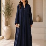 Classic Navy Blue Textured Front-Open Abaya with V-Neckline
