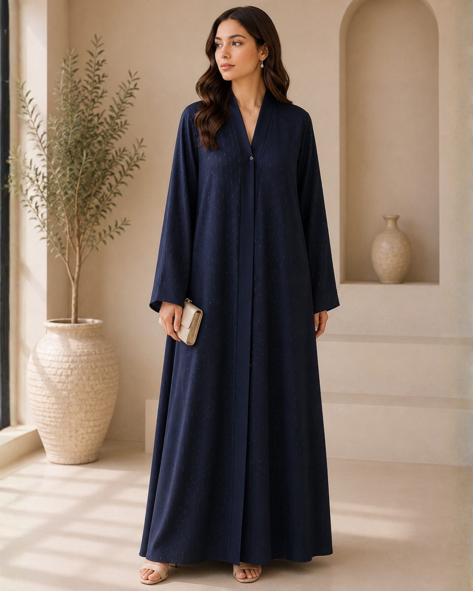 217 Classic Navy Blue Textured Front-Open Abaya with V-Neckline - Image 1