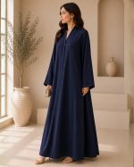 Classic Navy Blue Textured Front-Open Abaya with V-Neckline - Image 2