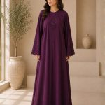 Regal Deep Purple Embroidered Abaya with Scalloped Sleeve Detail