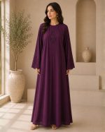 Regal Deep Purple Embroidered Abaya with Scalloped Sleeve Detail