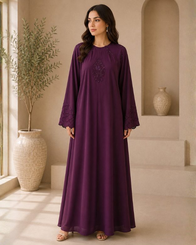 219 Regal Deep Purple Embroidered Abaya with Scalloped Sleeve Detail - Image 1